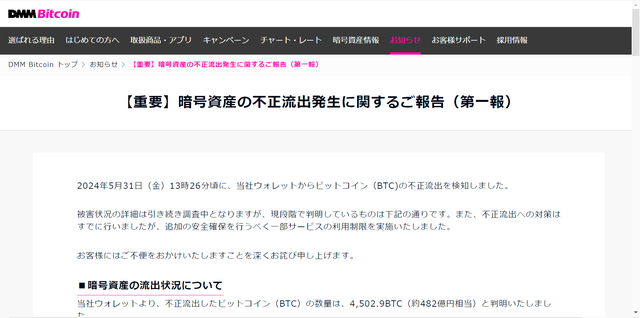 DMM系からビットコイン482億円相当が不正流出　損失は全額保証