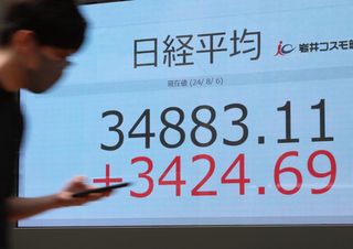 東京株、一時３４００円超高＝暴落一転、上げ幅最大